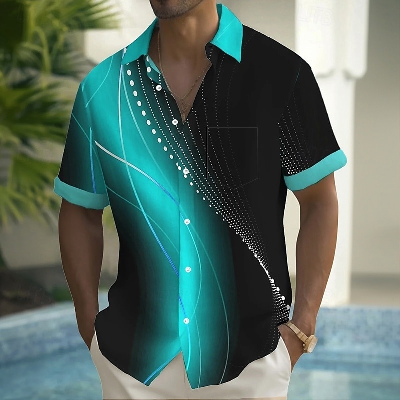 Men's Geometric Gradient Waves Shirt Summer Shirt Button Up Shirt Short Sleeve Fashion Casual Outdoor Vacation Dailywear Summer Spring Turndown 3D Print Collared Shirts Front One Pocket Green