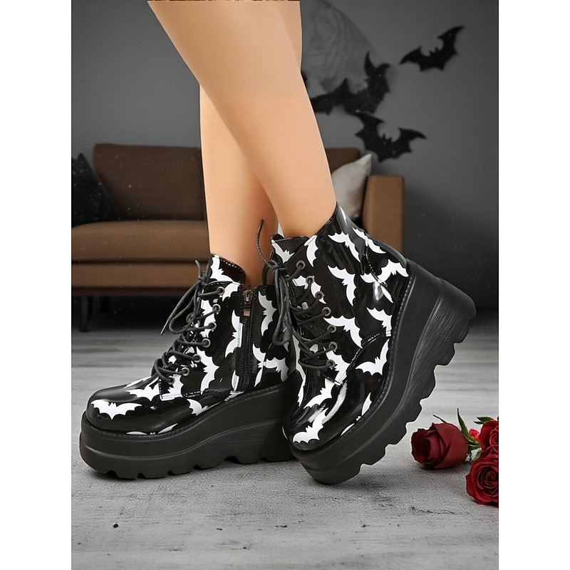 Women's Halloween Bat Print Platform Ankle Boots – Gothic Punk Lace-Up Chunky Heel Combat Boots for Parties, Cosplay, and Night Out3