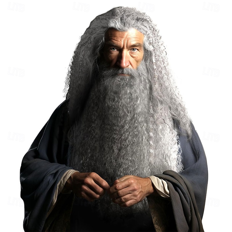 Grey Wizard Beard And Wig - Halloween Funny Father Time Costume Accessory for Adults
