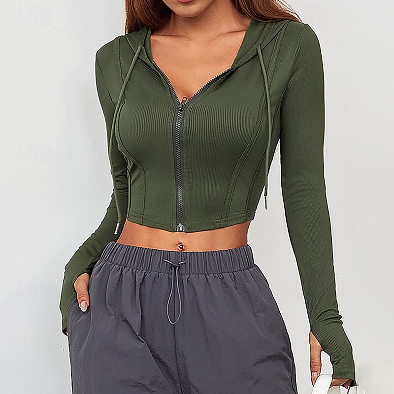 Women's Hoodie Crop Shirt Breathable Full Zip Long Sleeve Sports Solid Color Top For Gym Athletic Running Activewear4