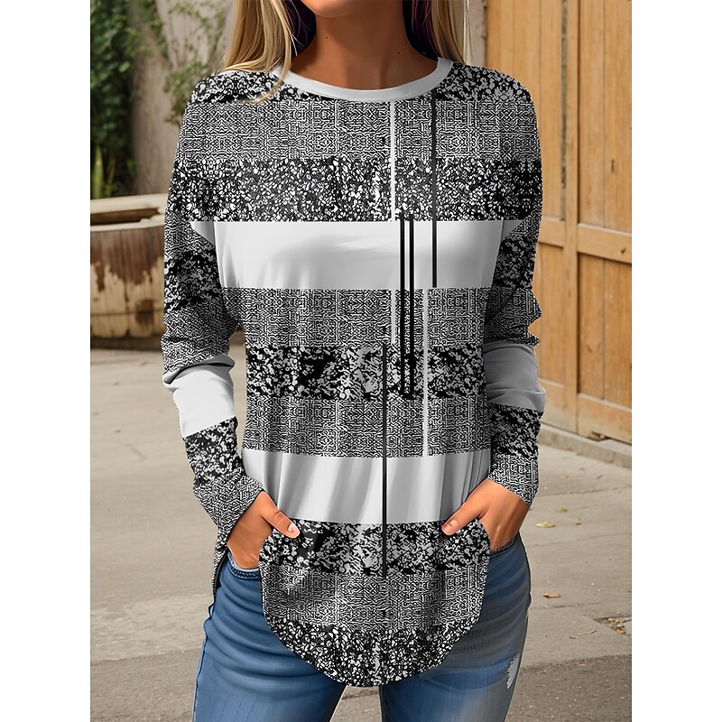 Women's T Shirt Graphic Geometric Vintage Fashion Stylish Long Sleeve Crew Neck Round Neck Regular Tops Weekend Print Blue Purple Green Gray Spring Fall4