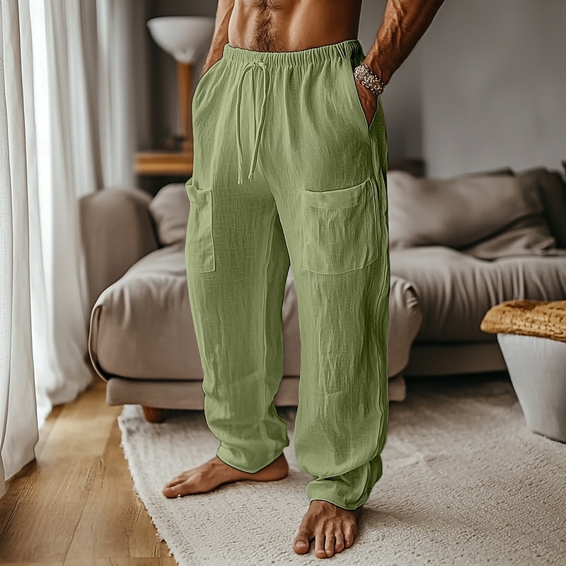 Men's Linen Pants Trousers Summer Pants Baggy Pants Pocket Elastic Waist Drawstring Plain Comfort Breathable Full Length Casual Daily Holiday Vacation Fashion Loose Fit Black Green Inelastic