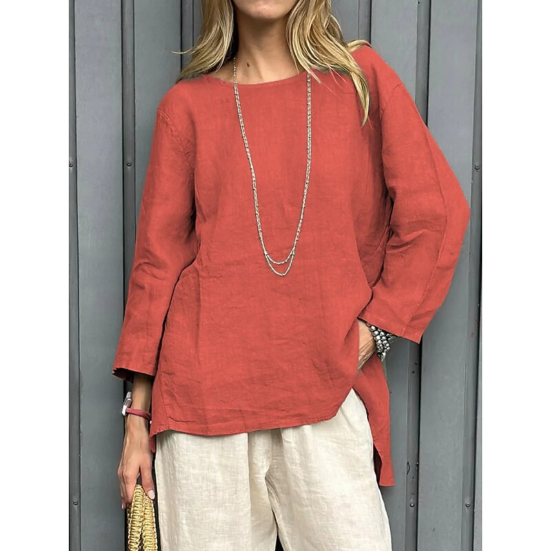 Women's Blouse Solid Color Vintage Casual Boho Long Sleeve Round Neck Regular Tops Daily Weekend Patchwork White Yellow Red Sky Blue Khaki Spring, Fall, Winter, Summer3