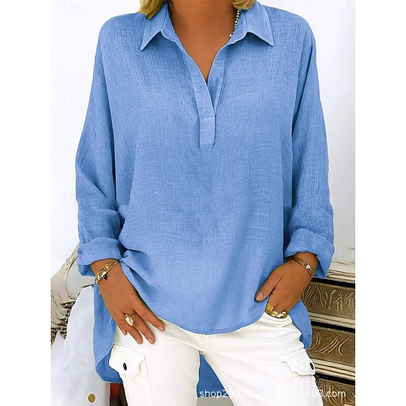 Women's Cotton Linen Shirts Solid Color Basic Casual Long Sleeve V Neck Regular Tops Daily Pink Blue Green Gray Summer Spring Fall2