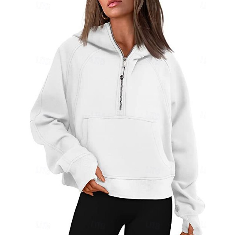Women's Pullover Hoodie Sweatshirt Plain Casual Long Sleeve Hooded Regular Tops Street Dailywear Patchwork Zipper Pocket White Pink Khaki Gray Fall Winter