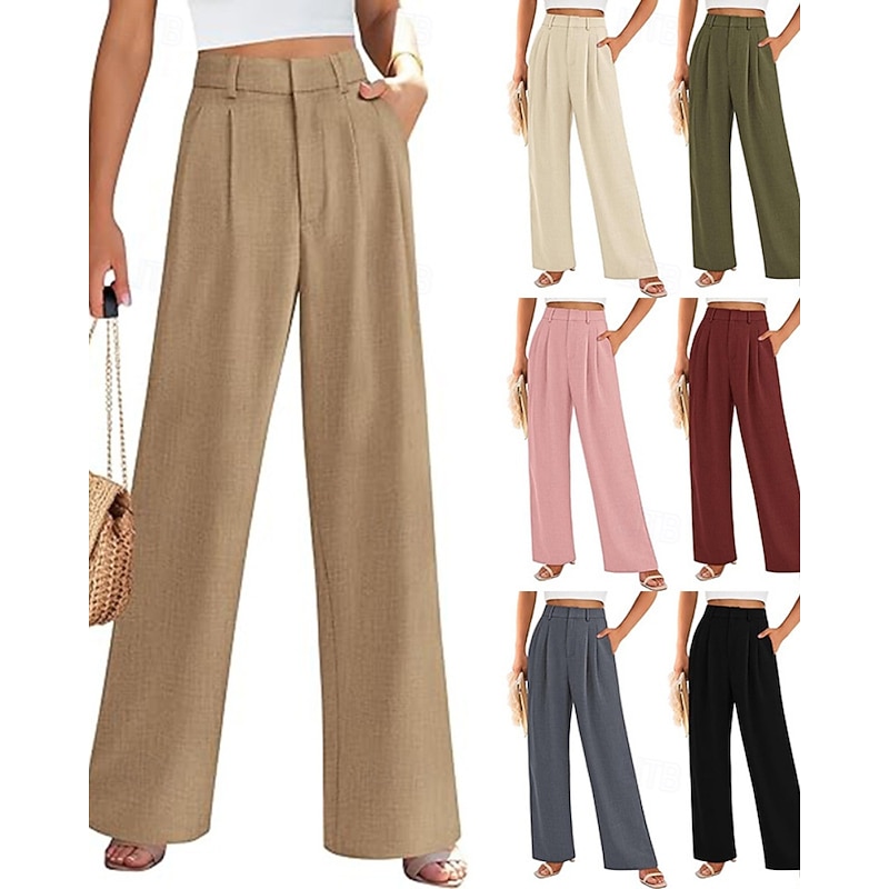 Women's Wide Leg Slacks Streetwear Casual Full Length Natural Plain Pocket Elastic Waist Comfortable Holiday Daily Wear Weekend Grey Black Army Green Khaki Fall Regular Fit