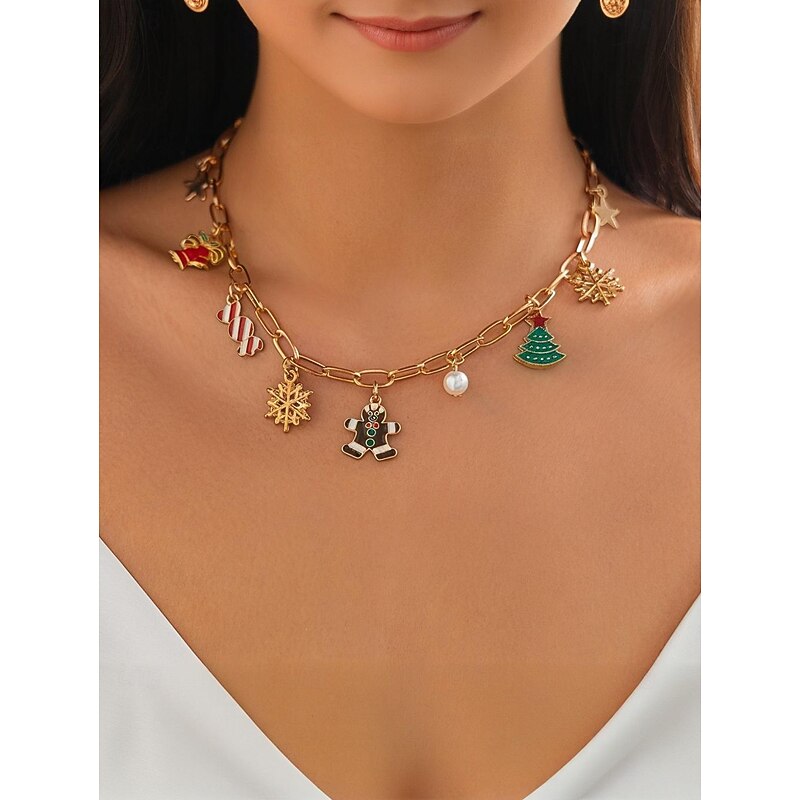 Women's Christmas Gingerbread and Snowflake Charm Necklace and Earrings and Bracelet  with Gold Chain - Cute Holiday Jewelry for Christmas Celebrations2