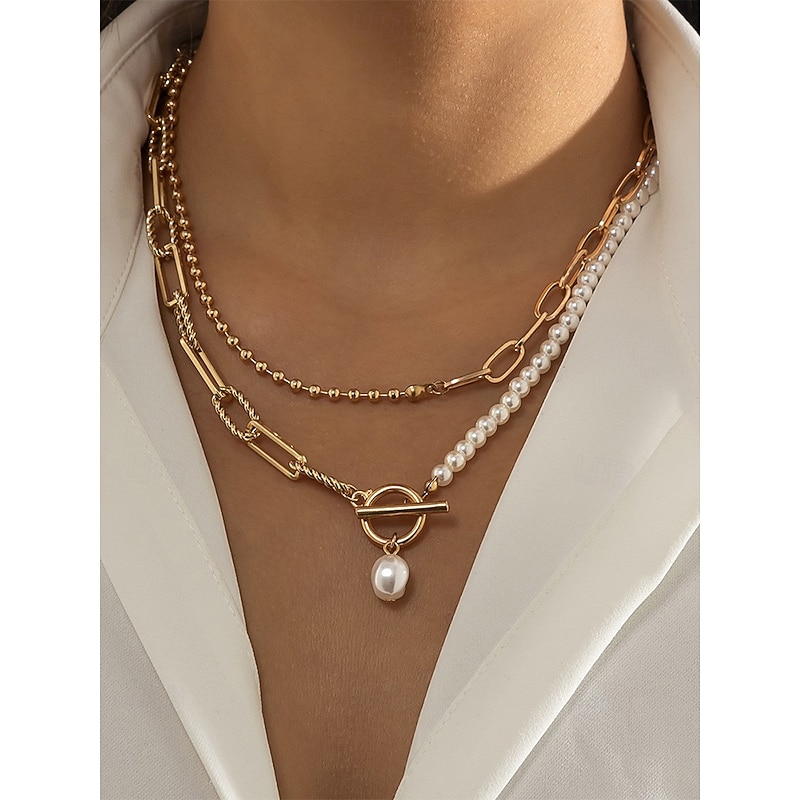 Women's Layered Gold Chain and Pearl Pendant Necklace – Elegant Alloy Jewelry for Cocktail Parties, Weddings and Office Outfits3