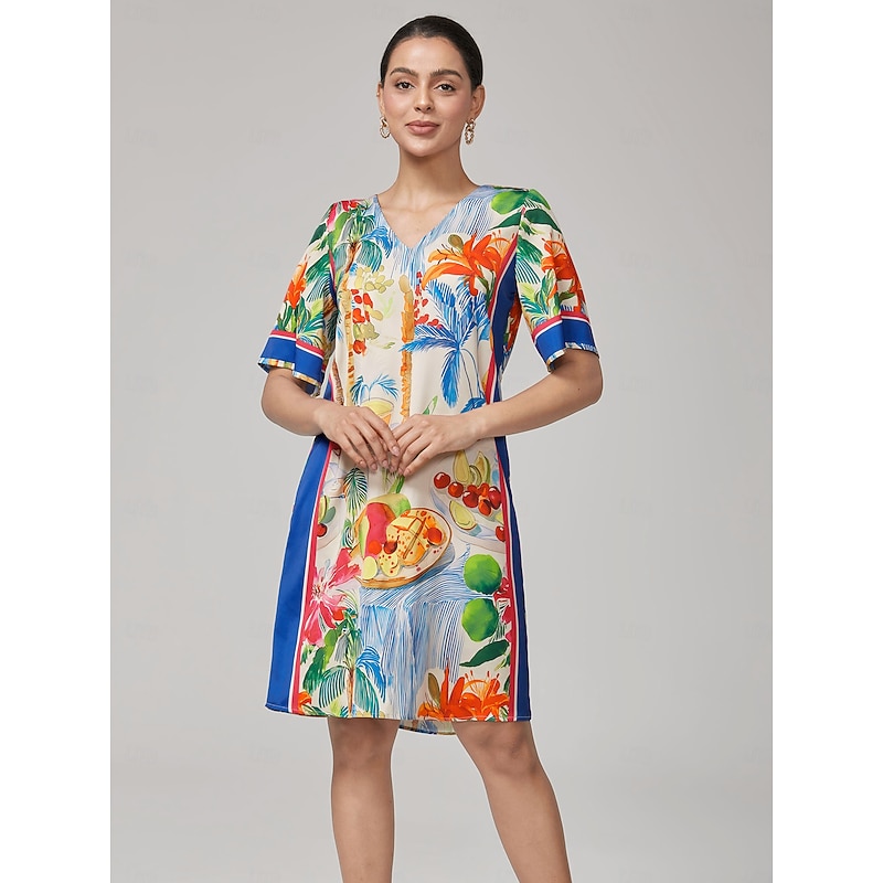Fruit Floral Straight V-neck Mini Dress