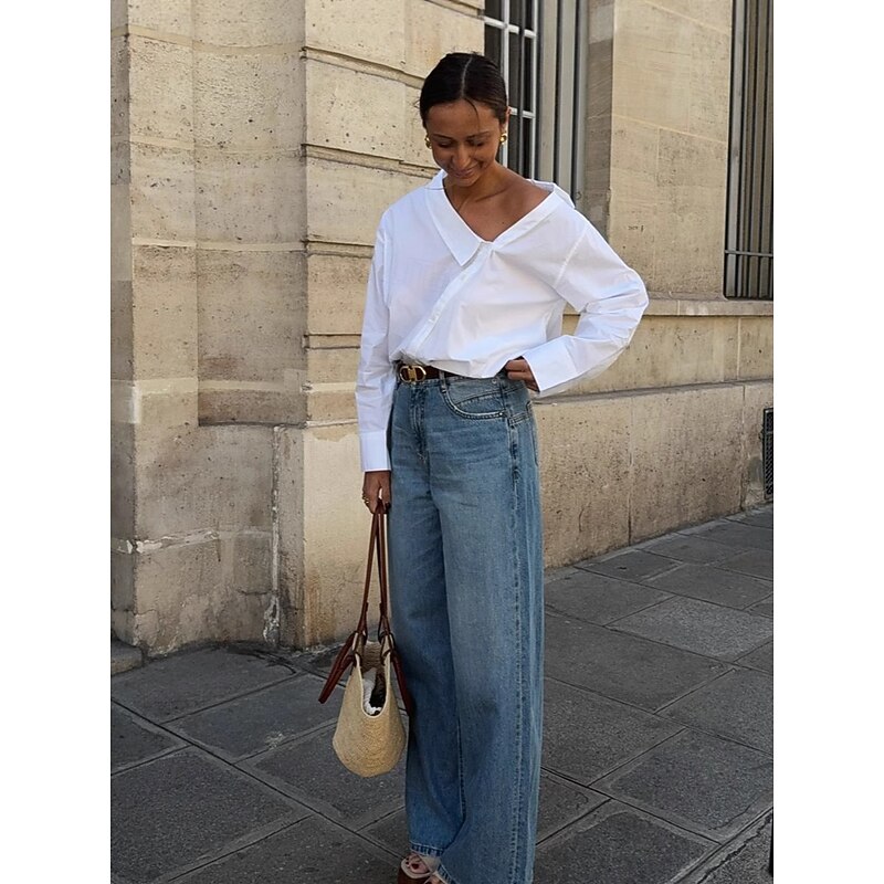 Women's 100% Cotton Shirt Plain Elegant Vintage Daily Long Sleeve Asymmetrical Regular Tops Work Daily Holiday Asymmetric White Spring Fall4