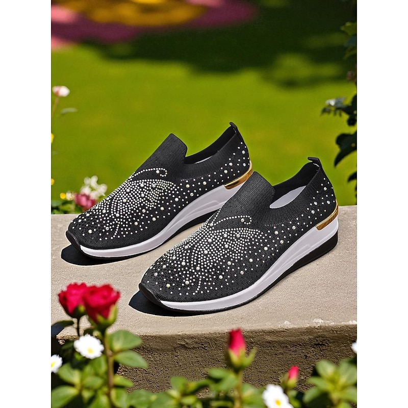 Women's Rhinestone Flyknit Slip-On Sneakers – Sparkling Wedge Shoes for Festivals, Travel and Daily Fashion4