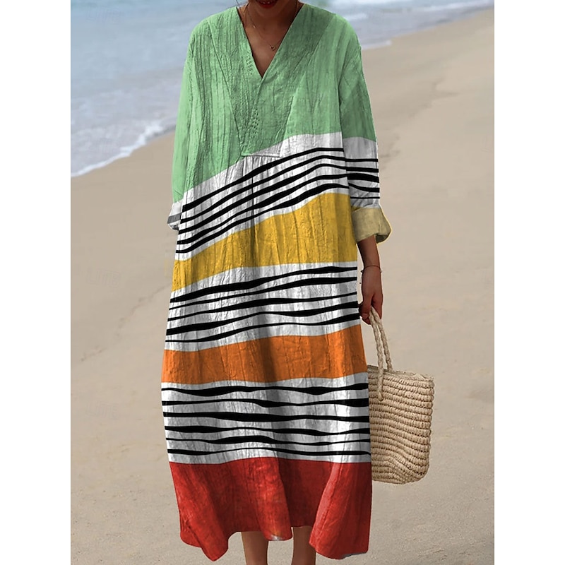 Women's Midi Dress V Neck Long Sleeve Kaftan Lightweight Loose Fit Shift Dress Casual Going out Loose Fit Graphic Geometric Long Sleeve V Neck Yellow Light Green Red Green Fall