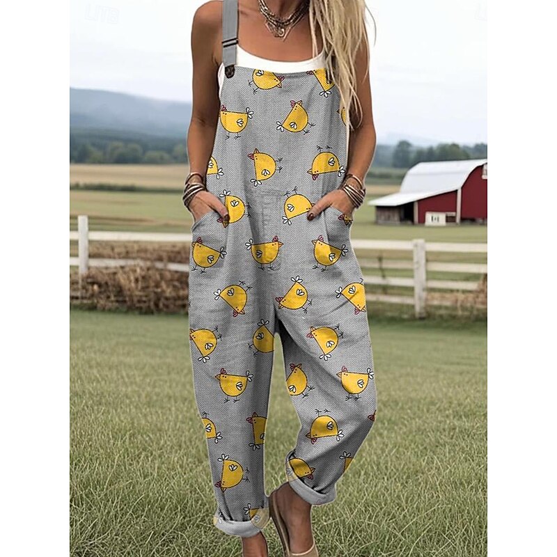 Women's Dungarees Active Animal Sleeveless Sleeveless Wide Leg Pocket Buttons Vacation Street Loose Fit Light Green Green Gray Summer3