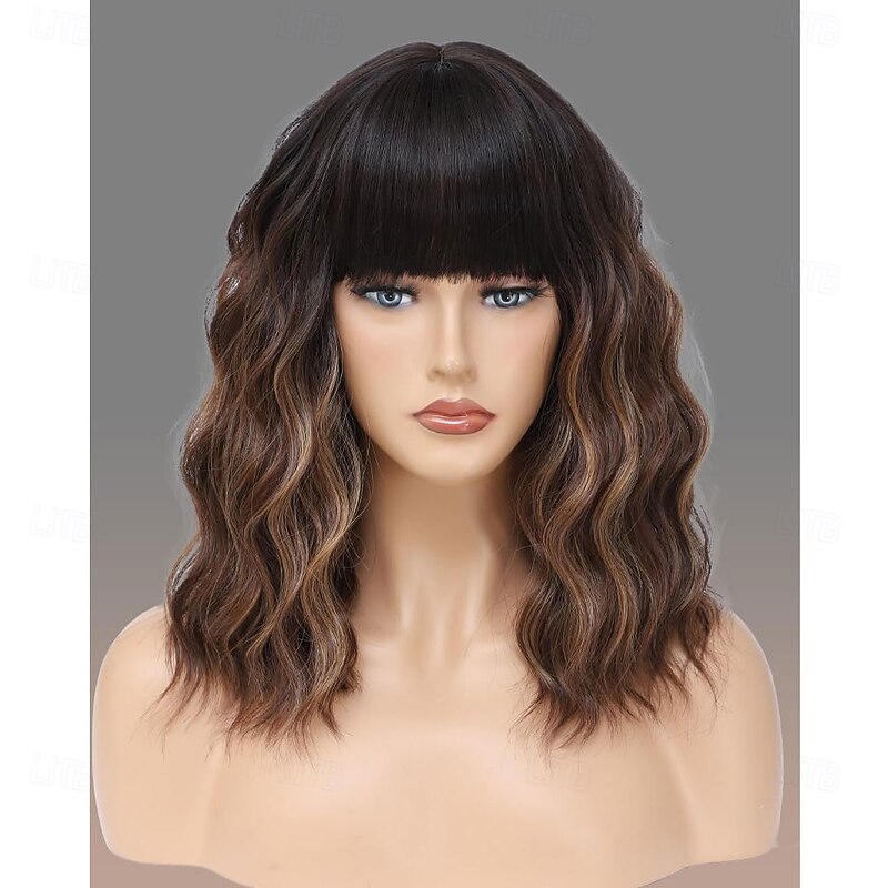 Brown Highlight Blonde Wig with Bangs Short Curly Bob Wigs for Women 14 Inch Shoulder Length Natural Looking Hair Replacement Wigs for Cosplay Party Use3