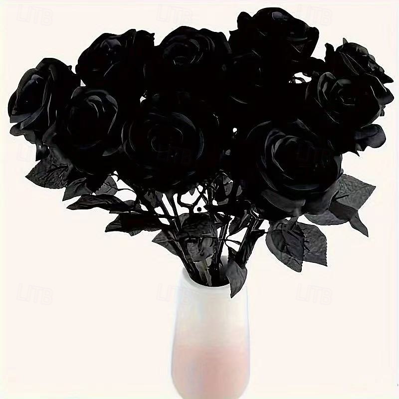10 Bundles Halloween Black Artificial Roses, Elegant Fake Rose Flowers for Spooky DIY Decorations, Gothic Wedding, Eternal Floral Home Decor