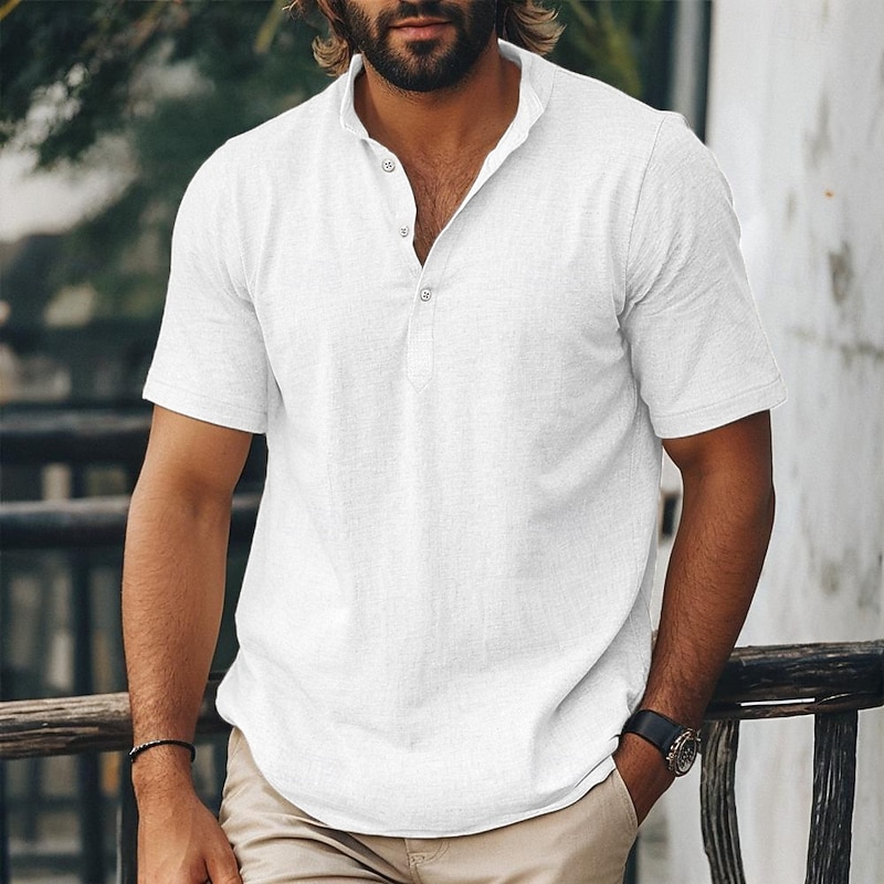 Men's Shirt Linen Shirt Popover Shirt Summer Shirt Beach Shirt Summer Hawaiian Shirt Solid Color Vacation Street Black White Pink Navy Blue Short Sleeve Band Collar Summer Spring & Summer Clothing