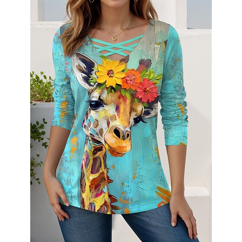 Women's T shirt Long Sleeve Graphic Animal Giraffe Vintage Stylish Classic Long Sleeve V Neck Regular Tops Daily Cut Out Print Pink Blue Green Rose Pink Spring Fall Prefall3