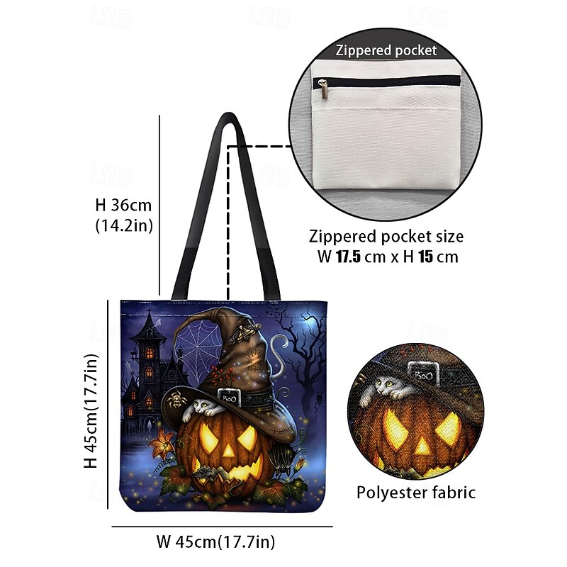Women's Halloween Pumpkin Cat Print Tote Bag By Sarah Richter– Large Reusable Polyester Shoulder Bag with Zipper Pocket for Holiday Shopping & Parties4