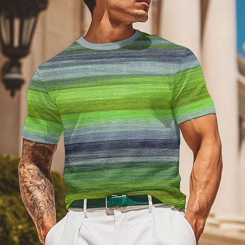 Men's Geometric Horizontal Stripes Waffle Shirt Short Sleeve T shirt 3D Print Crew Neck Shirt Fashion Casual Comfortable Street Casual Daily Yellow Blue Brown Summer Spring Clothing Apparel S M L XL4