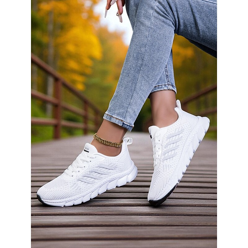 Women's White Flyknit Running Sneakers – Lightweight Breathable Walking Shoes for Summer to Fall Transitions, Sports and Daily Fitness3