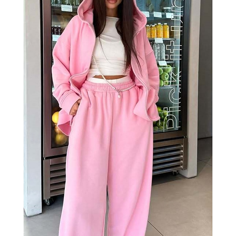 Women's Fashion Streetwear Tracksuit Pants Sets Long Sleeve Hooded Plain Zipper Daily Wear Date Pink Burgundy Beige Spring &  Fall Regular Fit