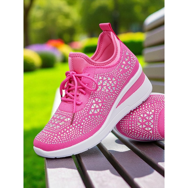 Women's Rose Pink Flyknit Wedge Sneakers with Rhinestone Detailing – Lightweight Breathable Athletic Shoes for Casual Wear and Walking3