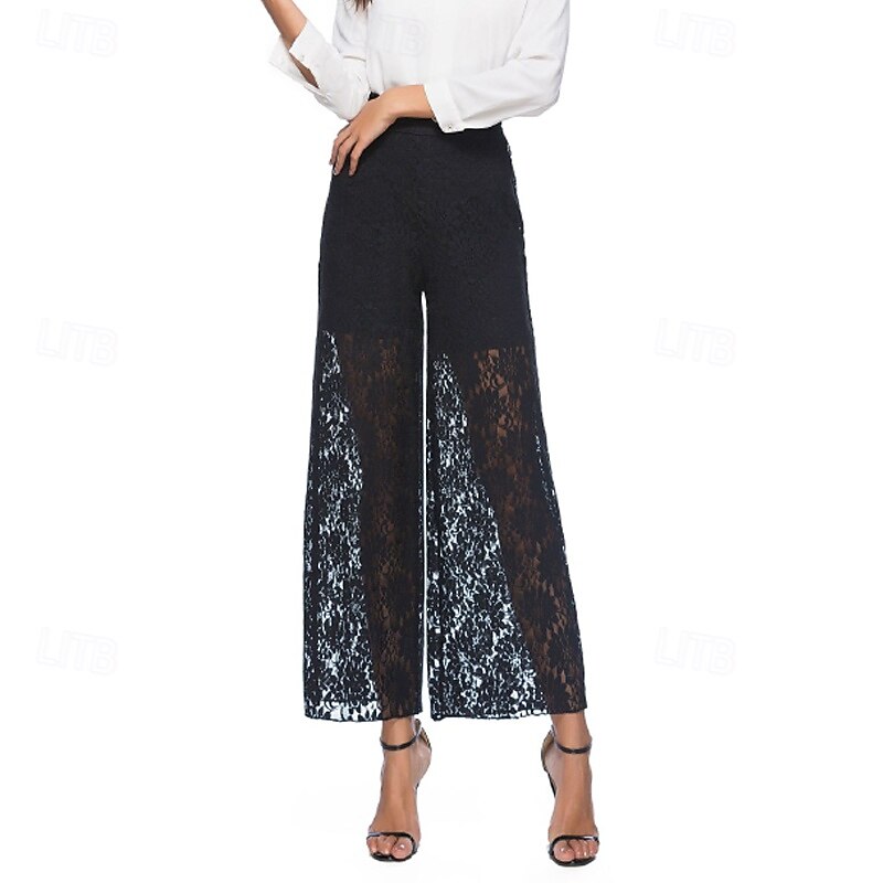 Women's Wide Leg Slacks Streetwear Casual Full Length Natural Plain Lace Patchwork Elastic Waist Comfortable Holiday Going out Depression Green Black White Dark Blue Fall Regular Fit3