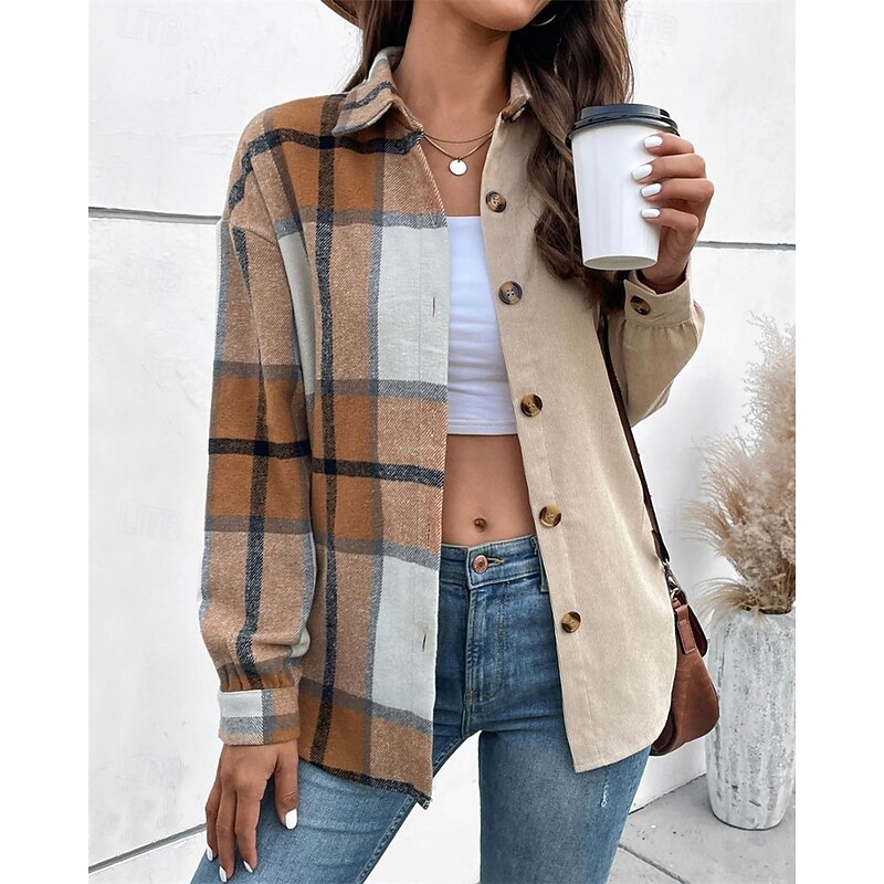 Women's Shirt Jacket Shacket Comfortable Breathable Buttons Fashion Modern Casual Plaid Going out Weekend Single Breasted Regular Turndown Regular Fit Long Sleeve Outerwear Khaki Spring Fall2