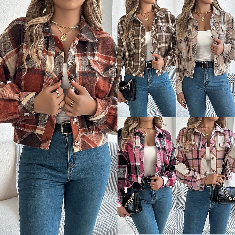 Women's Shirt Jacket Casual Jacket Comfortable Breathable Buttons Print Casual Plaid Vacation Street Casual Daily Wear Single Breasted Short Stand Collar Regular Fit Long Sleeve Outerwear Pink