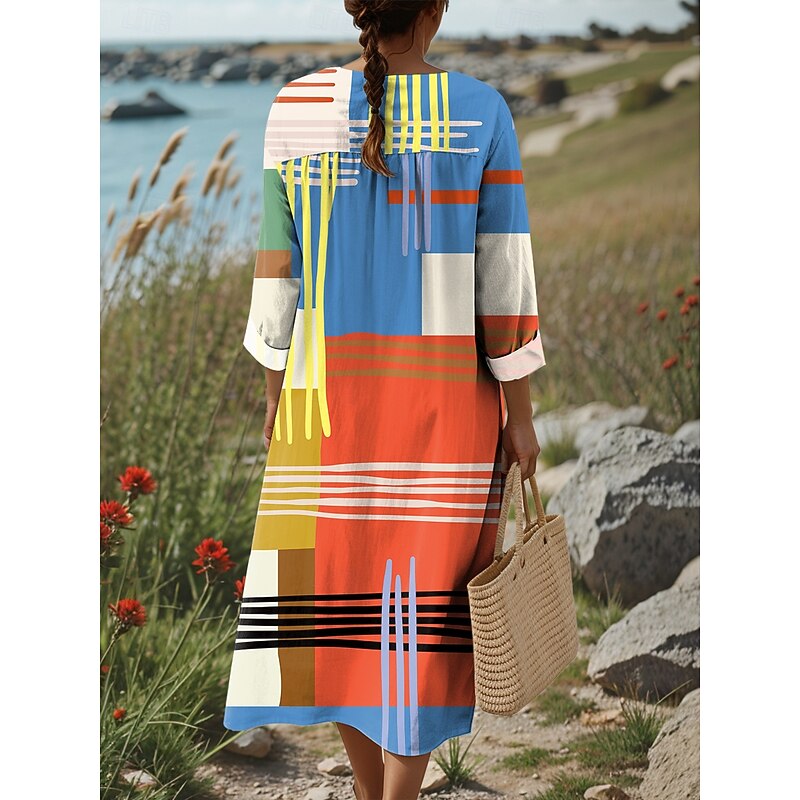 Women's Midi Dress V Neck Long Sleeve Kaftan Lightweight Loose Fit Shift Dress Casual Going out Loose Fit Graphic Geometric Long Sleeve V Neck Pink Blue Green Fall2