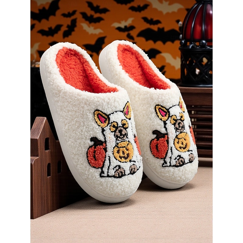 Unisex Halloween Dog Embroidered Fleece Slippers – Cozy Indoor House Shoes with Pumpkin Design for Women and Men2