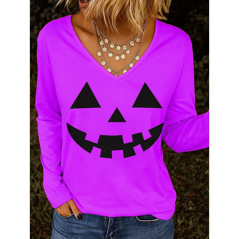 Halloween Women's T shirt Pumpkin V Neck Long Sleeve Tunic Graphic Elegant Vintage Stylish Regular Tops Daily Going out Weekend Print Blue Purple Orange Green Spring Fall4