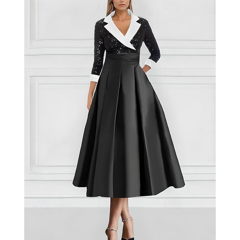 Tuxedo Dress A-Line Formal Wedding Wedding Guest Satin Elegant 3/4 Length Sleeve Ankle Length Tea Length Notched Lapels Lapel
