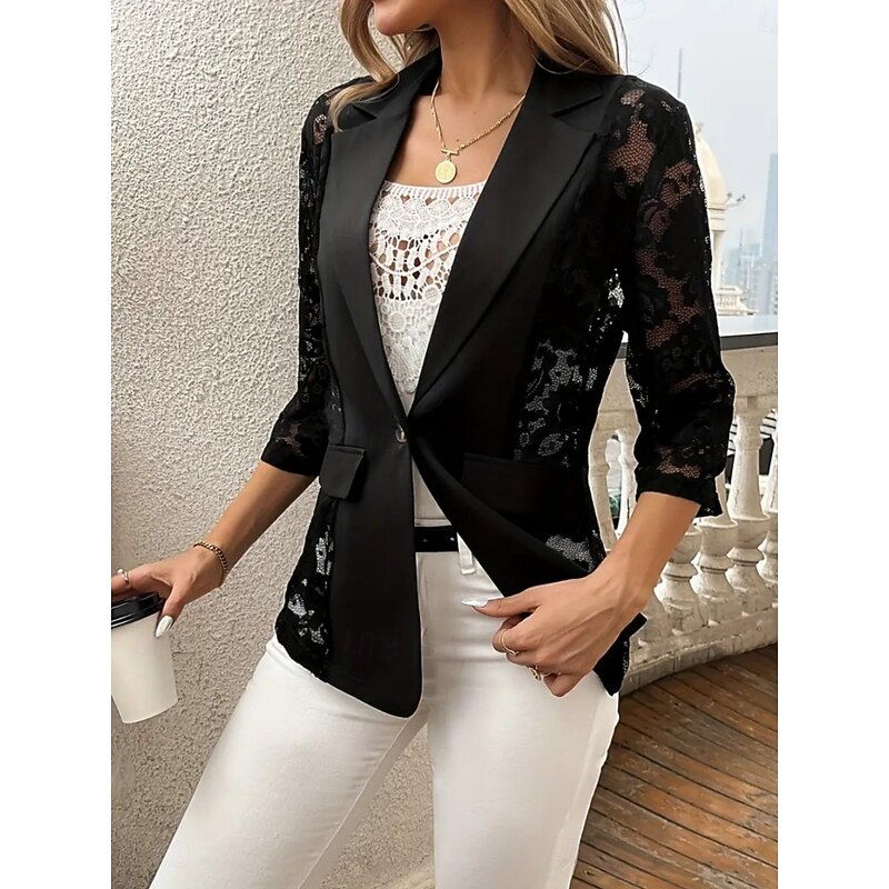 Women's Blazer Comfortable Breathable Lace Patchwork Elegant Casual Plain Office Street Casual Daily Wear Single Breasted Regular Turndown Regular Fit 3/4 Length Sleeve Outerwear Black Summer4