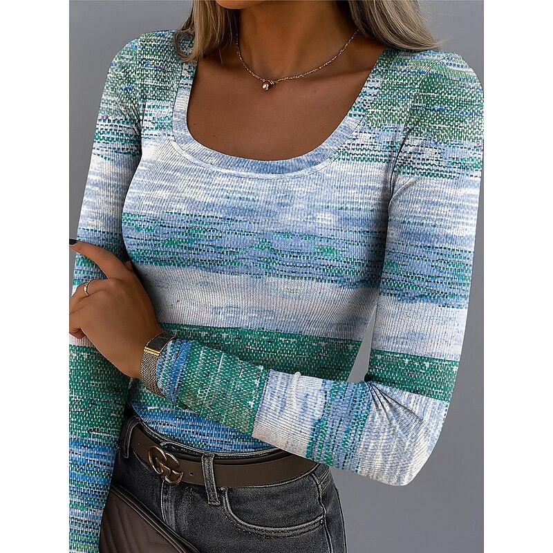 Women's T shirt Long Sleeve Ribbed Graphic Square Neck Long Sleeve Casual Tunic Ombre Geometric Vintage Stylish Regular Tops Daily Print Pink Green Khaki Gray Spring Fall Prefall2
