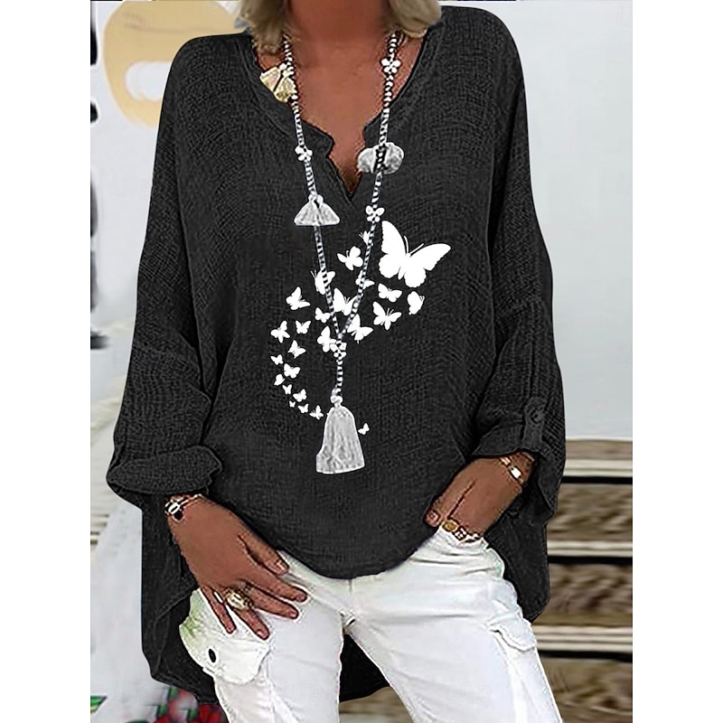 Women's Cotton Shirts Butterfly Basic Casual Long Sleeve V Neck Regular Tops Daily Print Black Navy Blue Sky Blue Summer Spring Fall