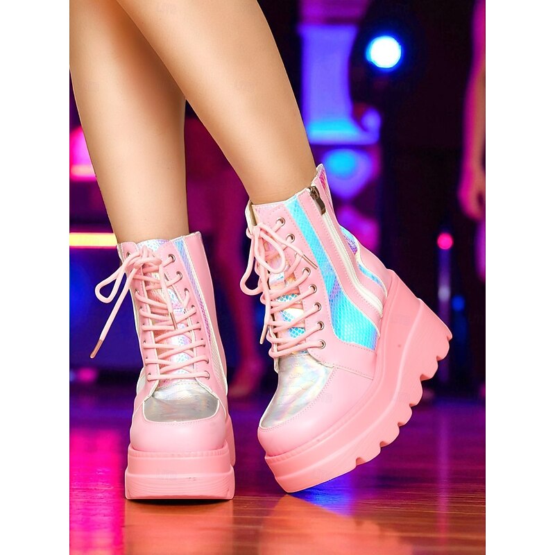 Women's Pink Platform Combat Boots, Holographic Lace-Up Chunky Heel Ankle Boots with Side Zipper, Bold Street Style for Nightlife and Party Outfits2