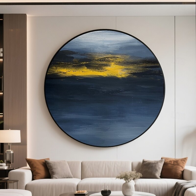 Handmade Circular Oceanic Canvas Deep Sapphire Blue Gradient Luminous Reflection Golden Horizon Contrast Abstract Sky And Sea Textured Paint Modern Calming Wall Art Minimalist Frame Gallery2