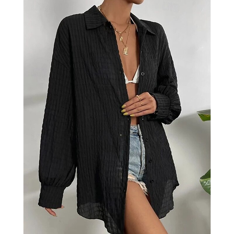 Women's Shirt Texture Blouse Plain Daily Stylish Basic Long Sleeve Batwing Sleeve Shirt Collar Regular Tops Work Daily Holiday Buttons Black White Khaki Spring Fall4