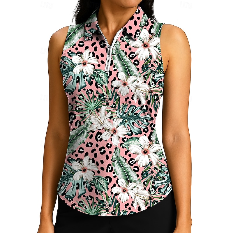 Women's Leopard Floral Tops Sport Shirt Golf Polo Shirt Tennis Shirt Sleeveless Zipper Floral UPF50+ UV Resistant High Elasticity Moisture Wicking Breathable Tennis Pickleball Running Turndown Zip3