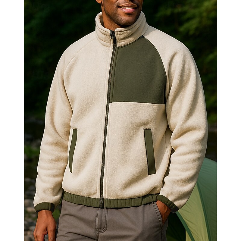 Men's Outdoor Jacket Hiking Jacket Fleece Jacket Winter Outdoor Patchwork Thermal Warm Top Black White Khaki3