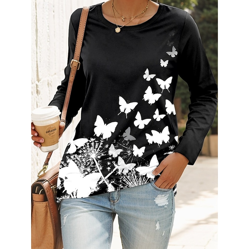 Women's T shirt Crew Neck Long Sleeve Tunic Graphic Butterfly Bird Vintage Stylish Modern  Regular Tops Daily Print Black Pink Green Fall