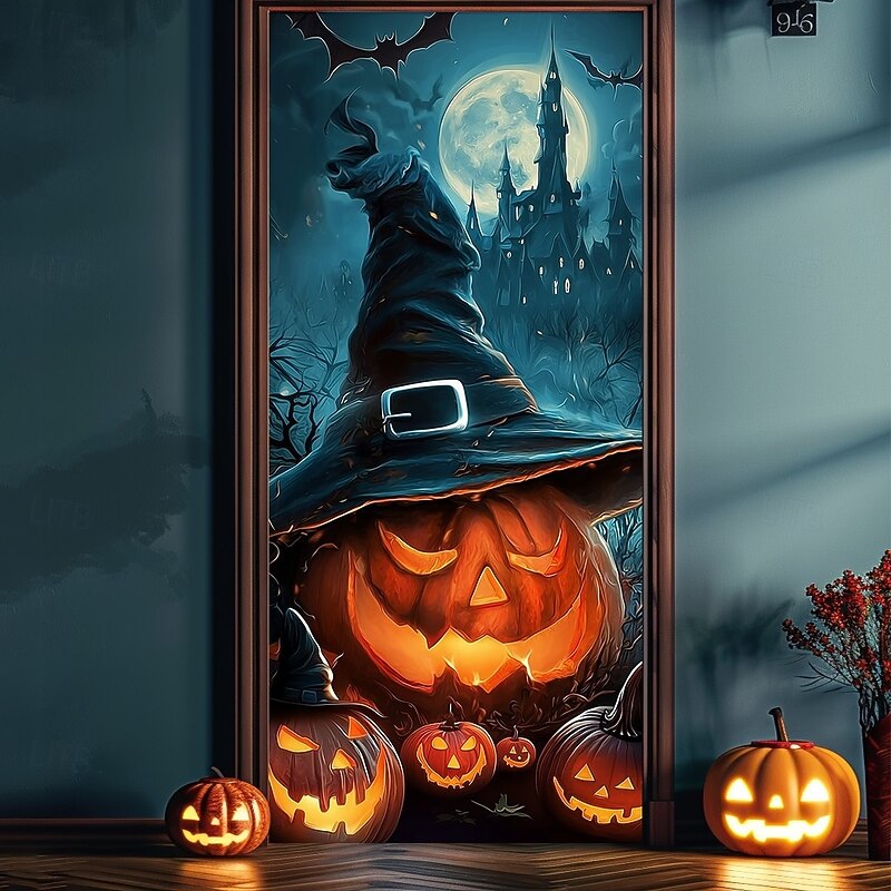 Halloween Door Cover – Stacked Pumpkins with Witch Hat and "Happy Halloween" Sign, Haunted House Entrance Banner, Outdoor 2025 Halloween Decoration for Bedroom, Living Room, Bathroom3