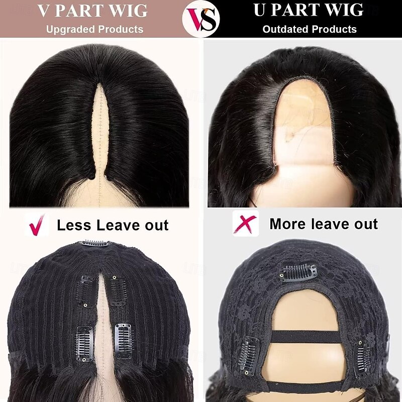 V Part Wig Human Hair Straight Vpart Human Hair Wig Upgrade U Part Wig Straight Clip in Half Wigs for Black Women Glueless No Leave Out 180% Density Natural Color4