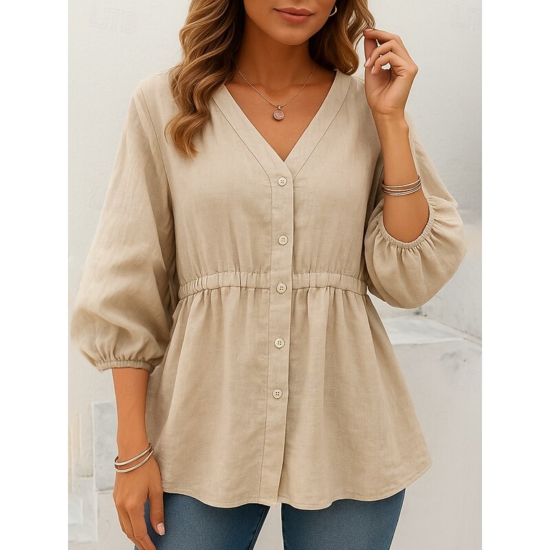Women's Cotton Linen Shirts Solid Color Basic Casual 3/4 Length Sleeve V Neck Regular Tops Daily Buttons Blue Khaki Apricot Summer Spring - Main Image