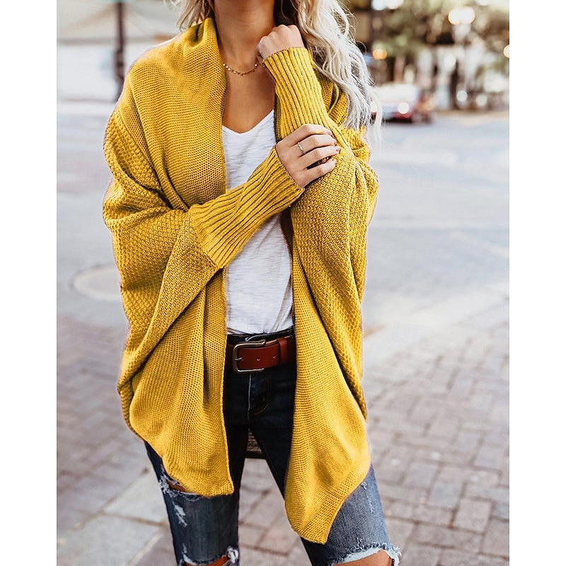 Women's Sweater Cardigan Fashion Streetwear Daily Solid Color Ribbed Open Front Knitted Long Sleeve Long Tops Knit Holiday Going out Weekend Black Yellow Fall Winter