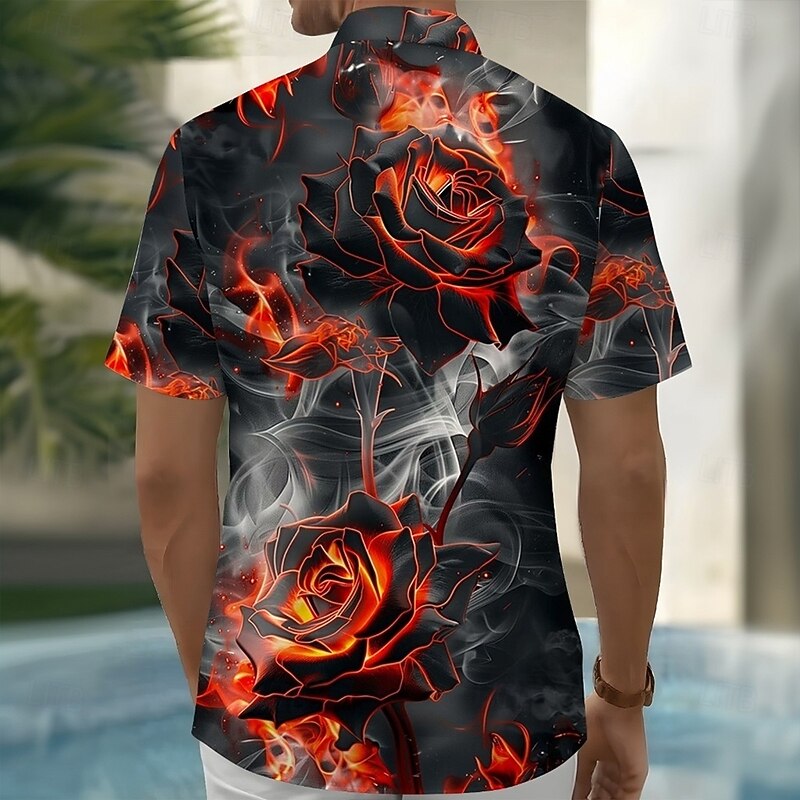 Halloween Men's Floral Print Flame Halloween Costumes Shirt Summer Shirt Button Up Shirt Short Sleeve Dark Gothic Style Holiday Streetwear Summer Spring Turndown 3D Print Collared Shirts Black2