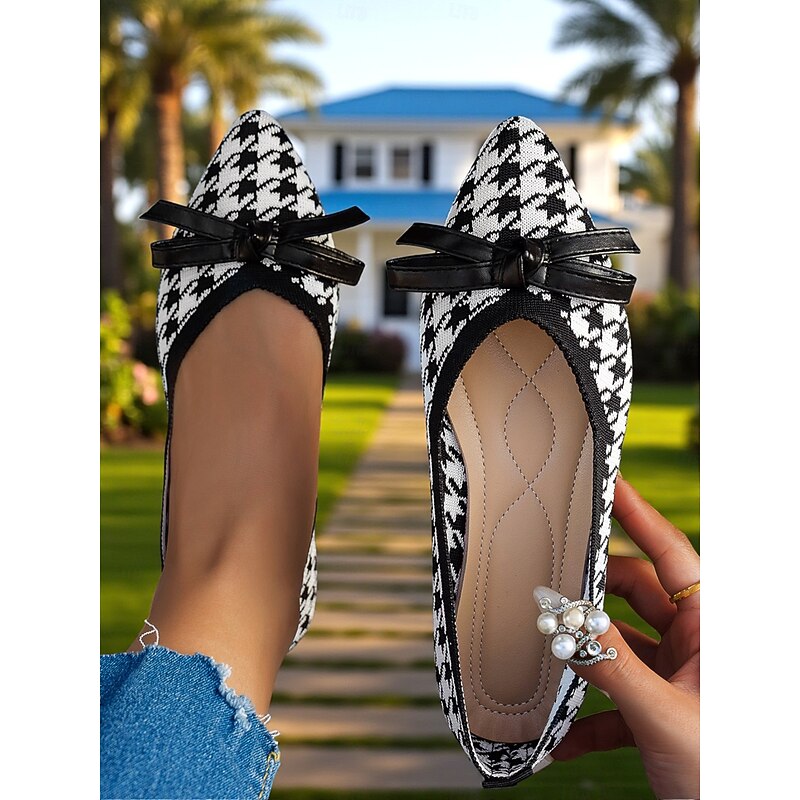 Women's Houndstooth Knit Pointed Toe Flats – Elegant Bow Detail Slip-On Loafers for Casual, Office, and Weekend Wear3