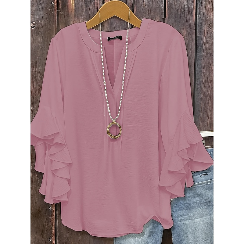 Women's Texture Blouse Blouse Solid Color Elegant 3/4 Length Sleeve V Neck Regular Tops Daily Ruffle Black White Pink Army Green Spring Fall3