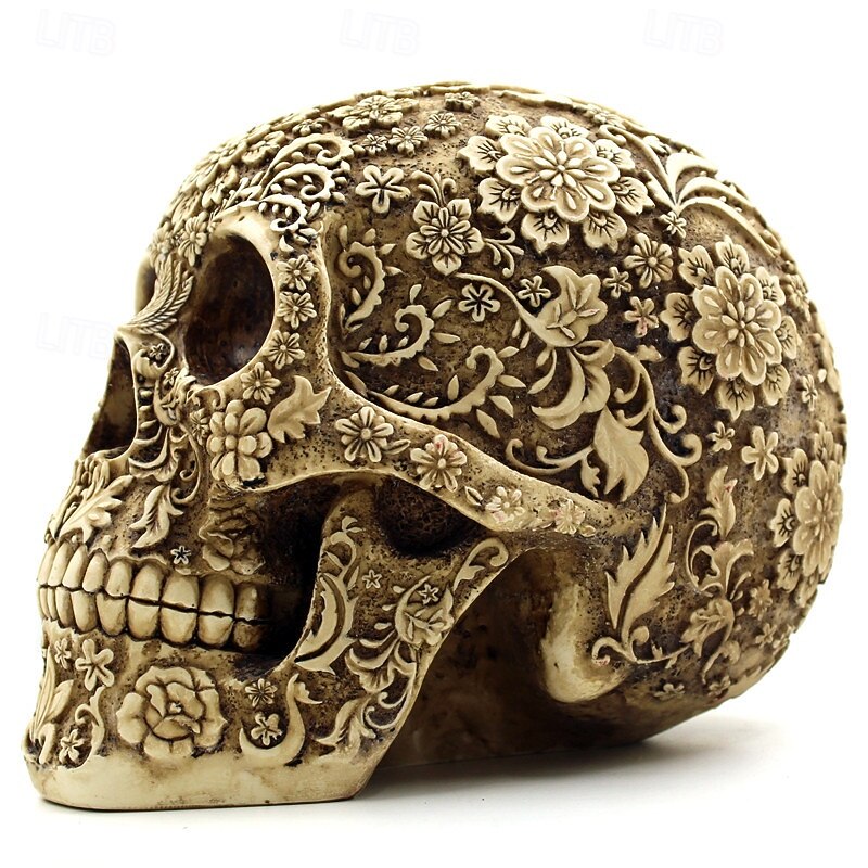 Halloween Resin Figurine Floral Skull Ornament Detailed Pattern Gothic Resin Head Bar Table Decor Unique Halloween Spooky Craft Home Party Decoration Accessory4